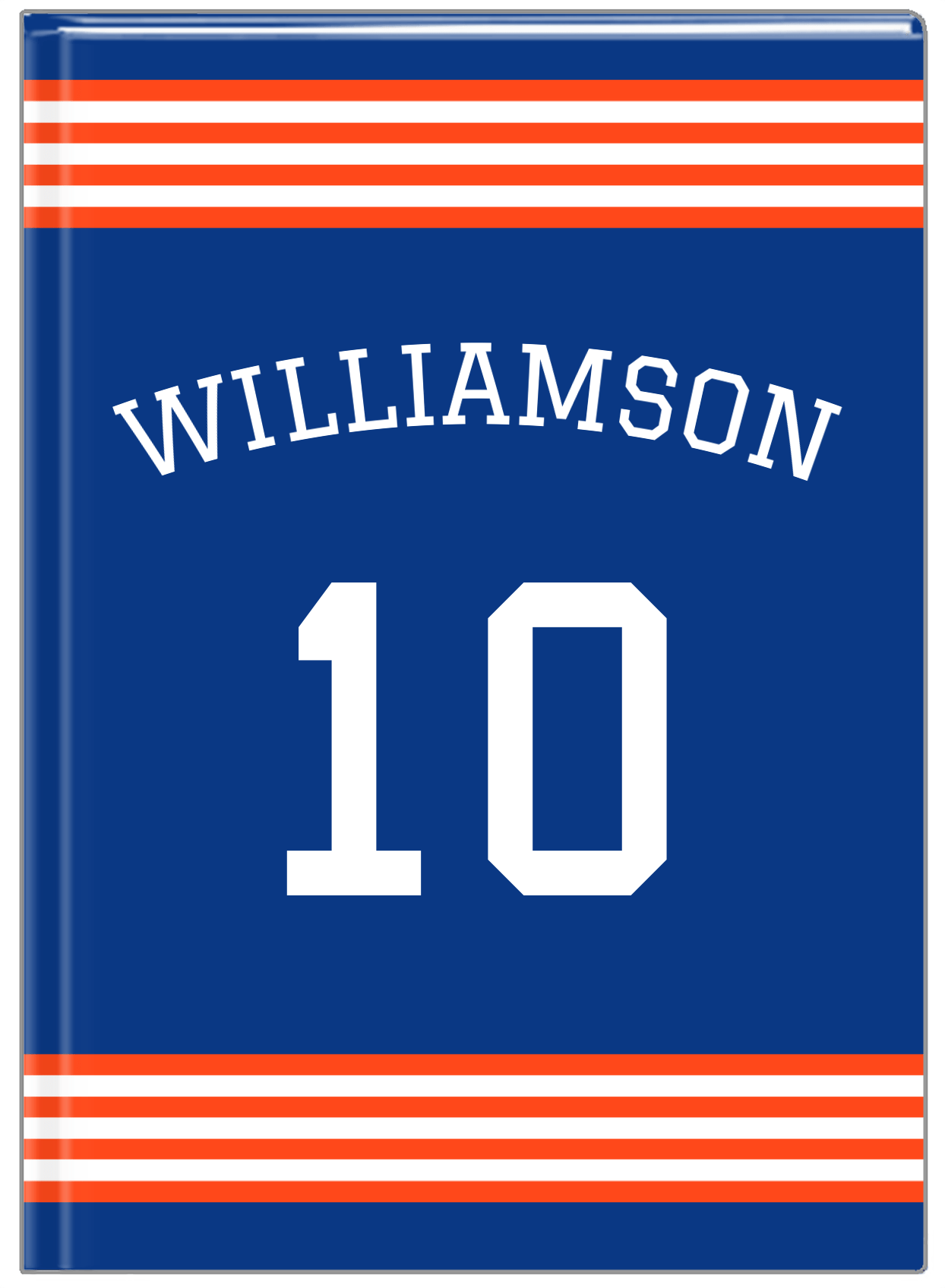 Personalized Jersey Number Journal with Arched Name - Blue and Orange - Triple Stripe - Front View