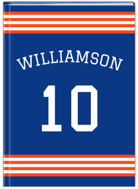 Thumbnail for Personalized Jersey Number Journal with Arched Name - Blue and Orange - Triple Stripe - Front View