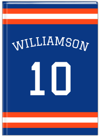 Thumbnail for Personalized Jersey Number Journal with Arched Name - Blue and Orange - Single Stripe - Front View