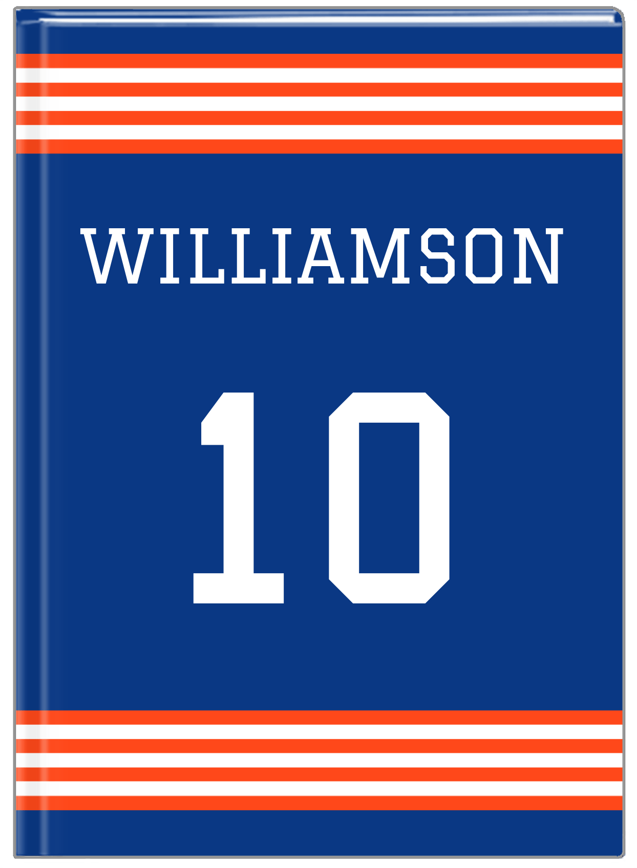 Personalized Jersey Number Journal - Blue and Orange - Triple Stripe - Front View