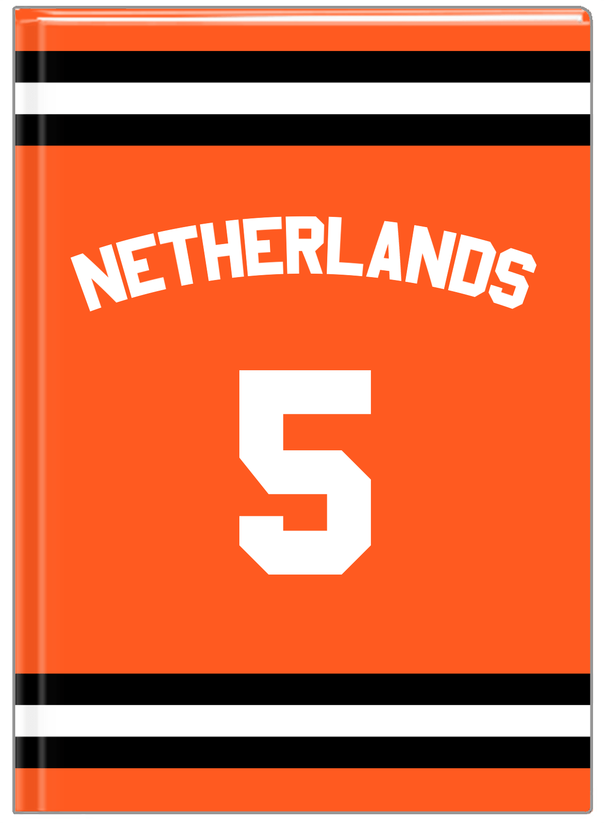 Personalized Jersey Number Journal with Arched Name - Netherlands - Single Stripe - Front View
