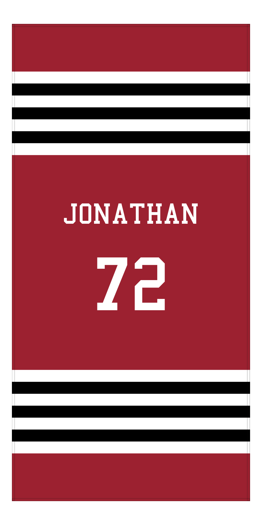 Personalized Jersey Number 3-on-1 Stripes Sports Beach Towel - Red and Black - Vertical Design - Front View
