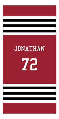 Thumbnail for Personalized Jersey Number 3-on-1 Stripes Sports Beach Towel - Red and Black - Vertical Design - Front View