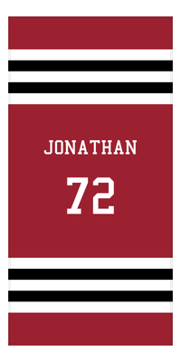 Thumbnail for Personalized Jersey Number 2-on-1 Stripes Sports Beach Towel - Red and Black - Vertical Design - Front View