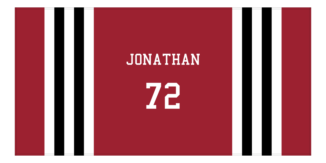 Personalized Jersey Number 2-on-1 Stripes Sports Beach Towel - Red and Black - Horizontal Design - Front View