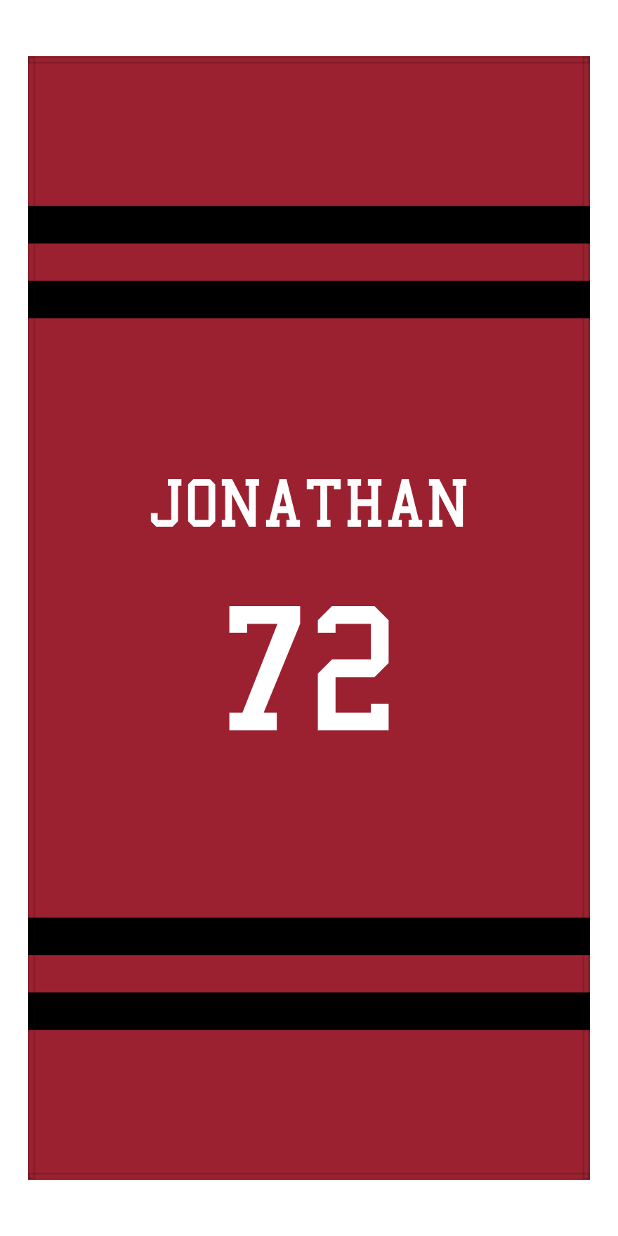 Personalized Jersey Number 2-on-none Stripes Sports Beach Towel - Red and Black - Vertical Design - Front View