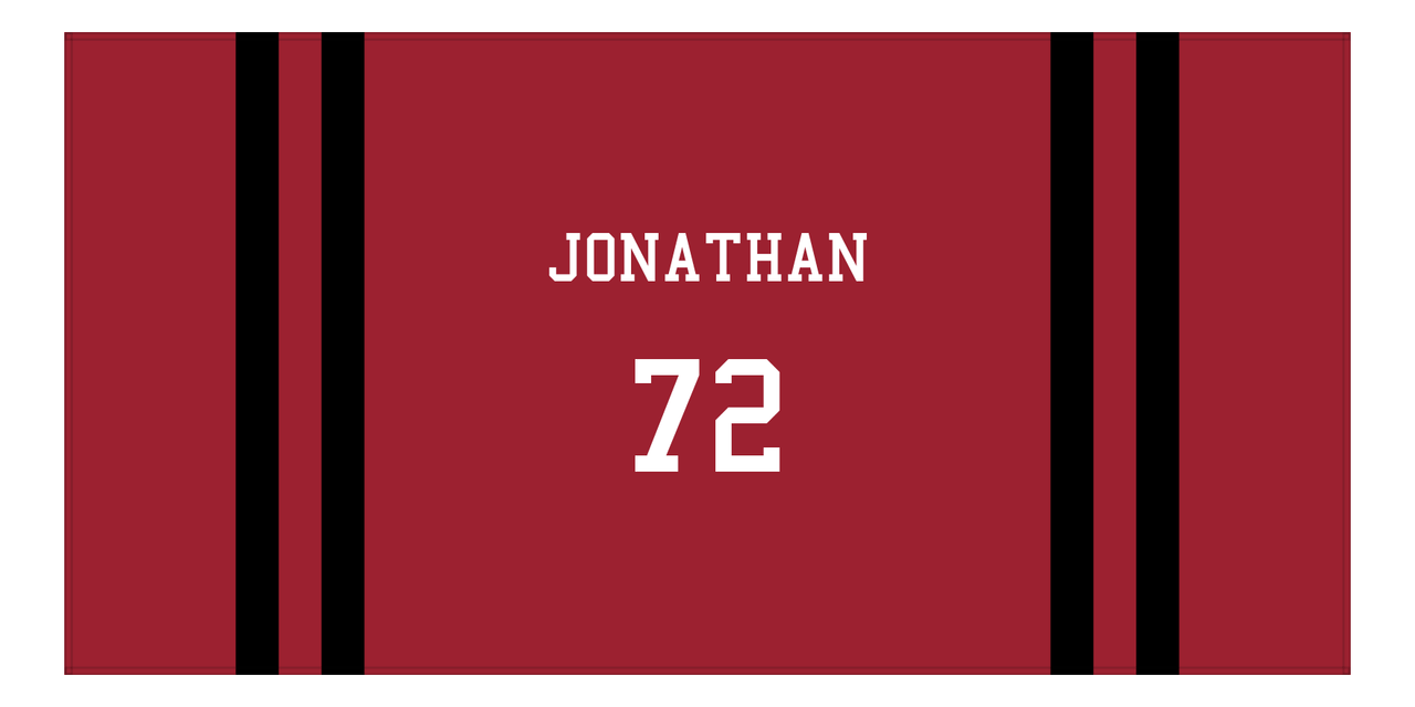 Personalized Jersey Number 2-on-none Stripes Sports Beach Towel - Red and Black - Horizontal Design - Front View