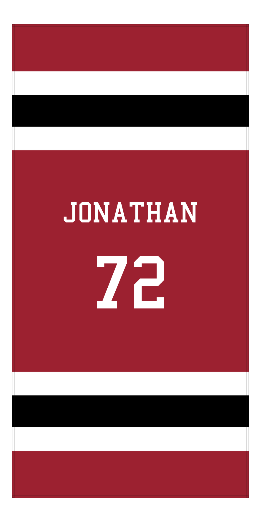 Personalized Jersey Number 1-on-1 Stripes Sports Beach Towel - Red and Black - Vertical Design - Front View