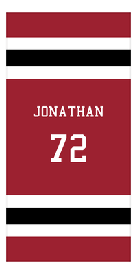 Thumbnail for Personalized Jersey Number 1-on-1 Stripes Sports Beach Towel - Red and Black - Vertical Design - Front View