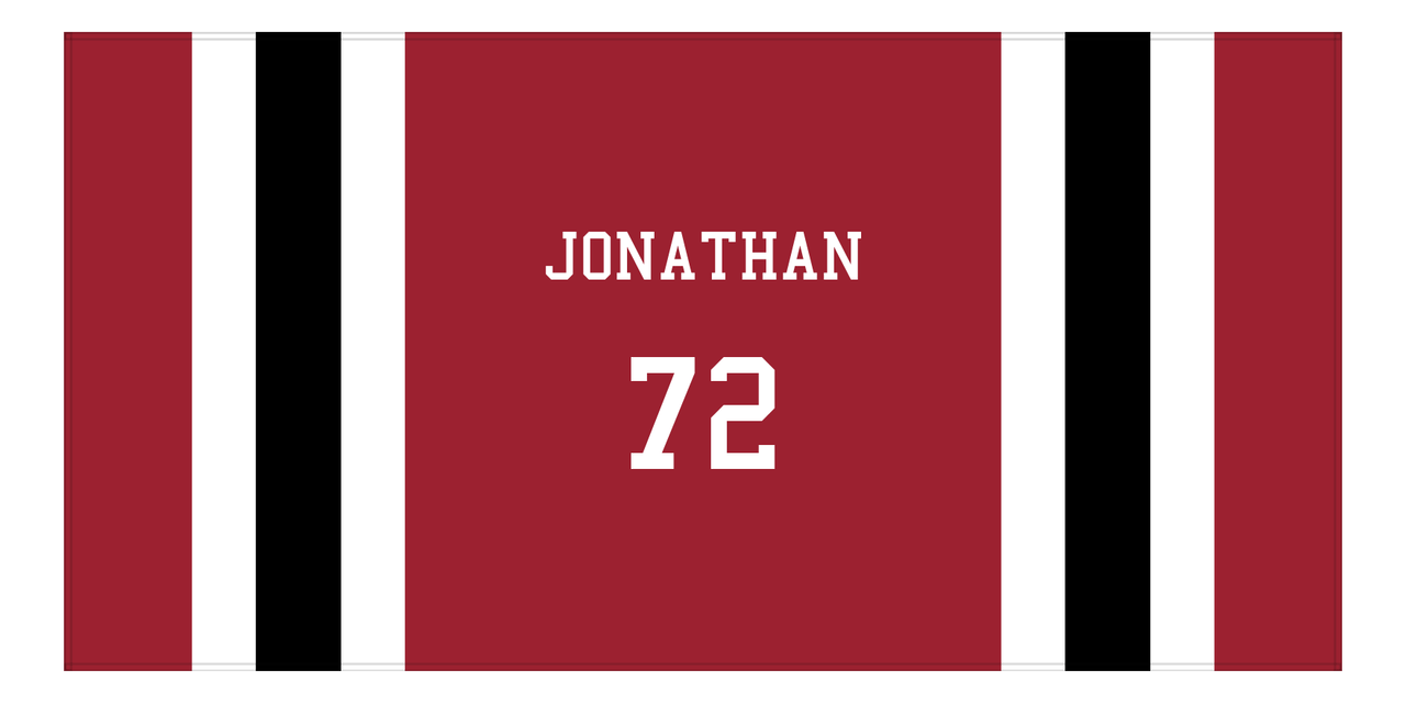Personalized Jersey Number 1-on-1 Stripes Sports Beach Towel - Red and Black - Horizontal Design - Front View