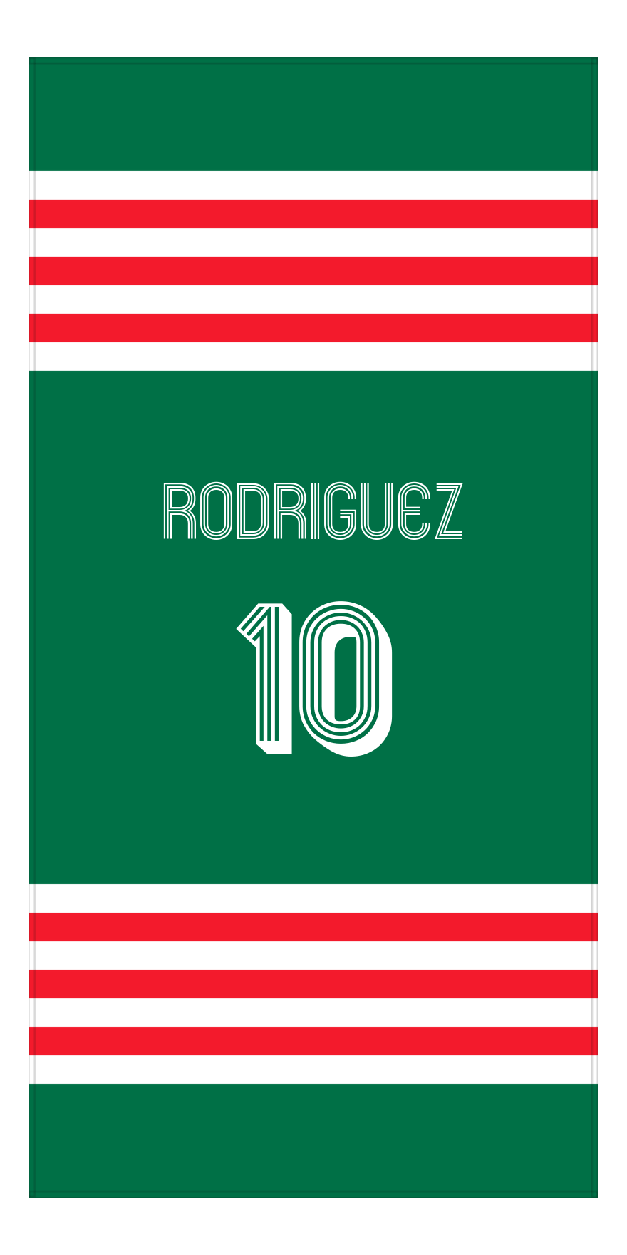 Personalized Jersey Number 3-on-1 Stripes Sports Beach Towel - Green and Red - Vertical Design - Front View
