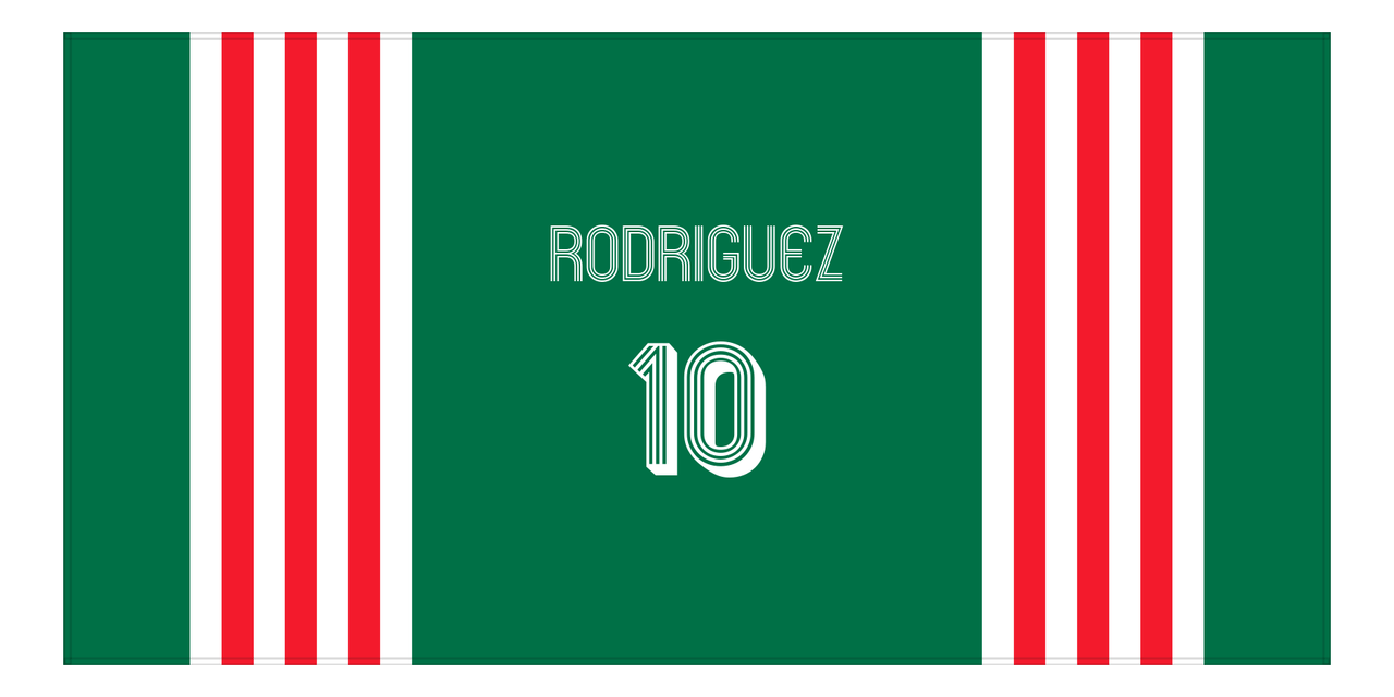 Personalized Jersey Number 3-on-1 Stripes Sports Beach Towel - Green and Red - Horizontal Design - Front View