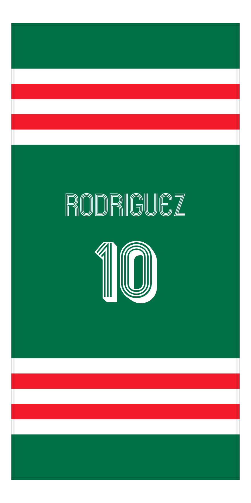 Personalized Jersey Number 2-on-1 Stripes Sports Beach Towel - Green and Red - Vertical Design - Front View