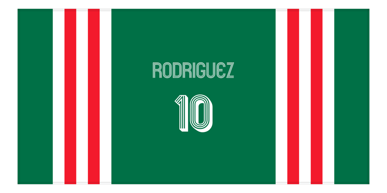 Personalized Jersey Number 2-on-1 Stripes Sports Beach Towel - Green and Red - Horizontal Design - Front View