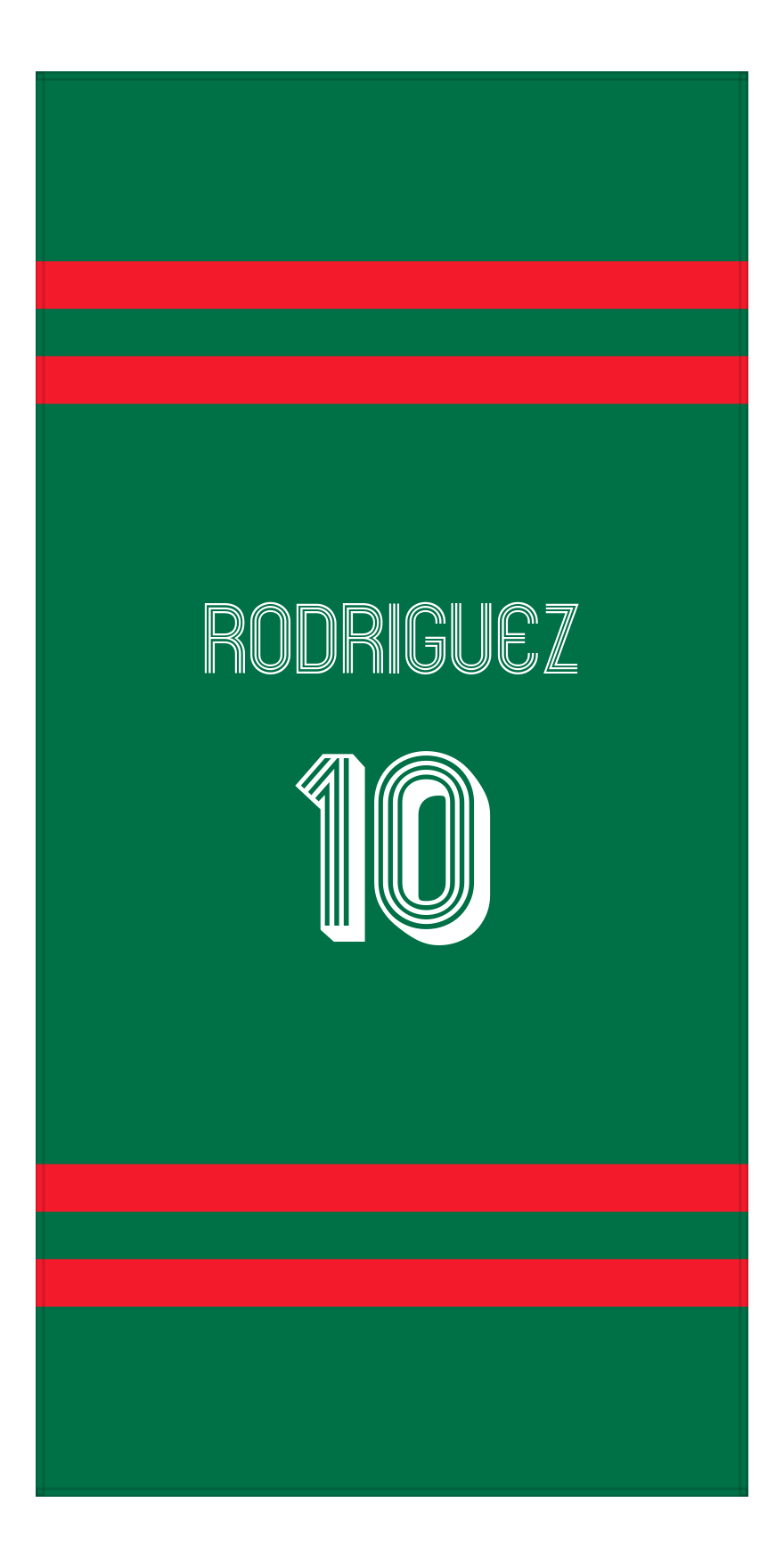 Personalized Jersey Number 2-on-none Stripes Sports Beach Towel - Green and Red - Vertical Design - Front View