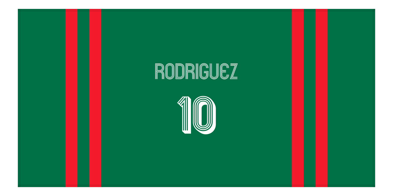 Personalized Jersey Number 2-on-none Stripes Sports Beach Towel - Green and Red - Horizontal Design - Front View