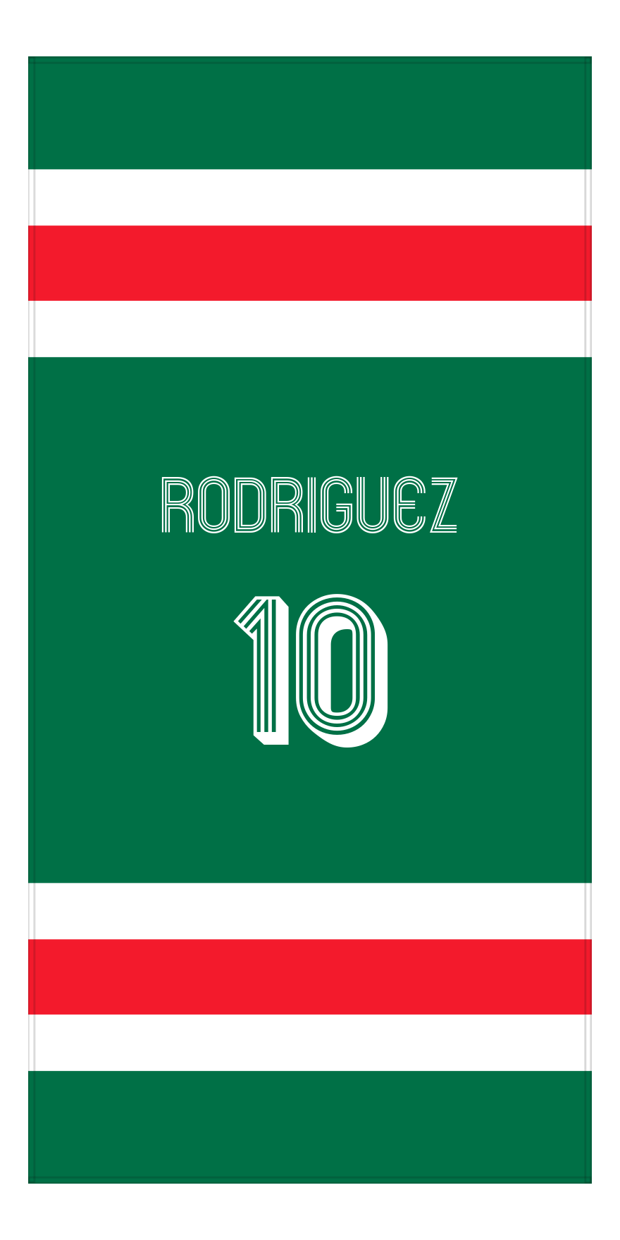Personalized Jersey Number 1-on-1 Stripes Sports Beach Towel - Green and Red - Vertical Design - Front View