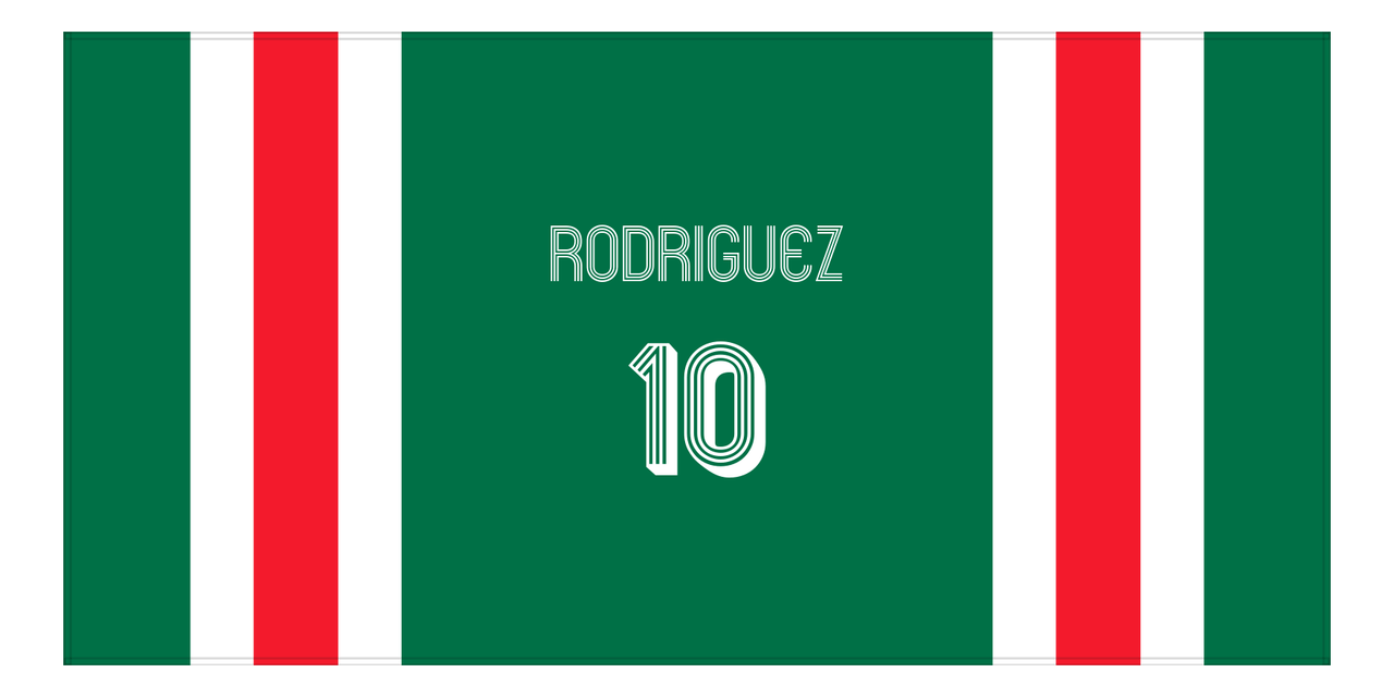 Personalized Jersey Number 1-on-1 Stripes Sports Beach Towel - Green and Red - Horizontal Design - Front View