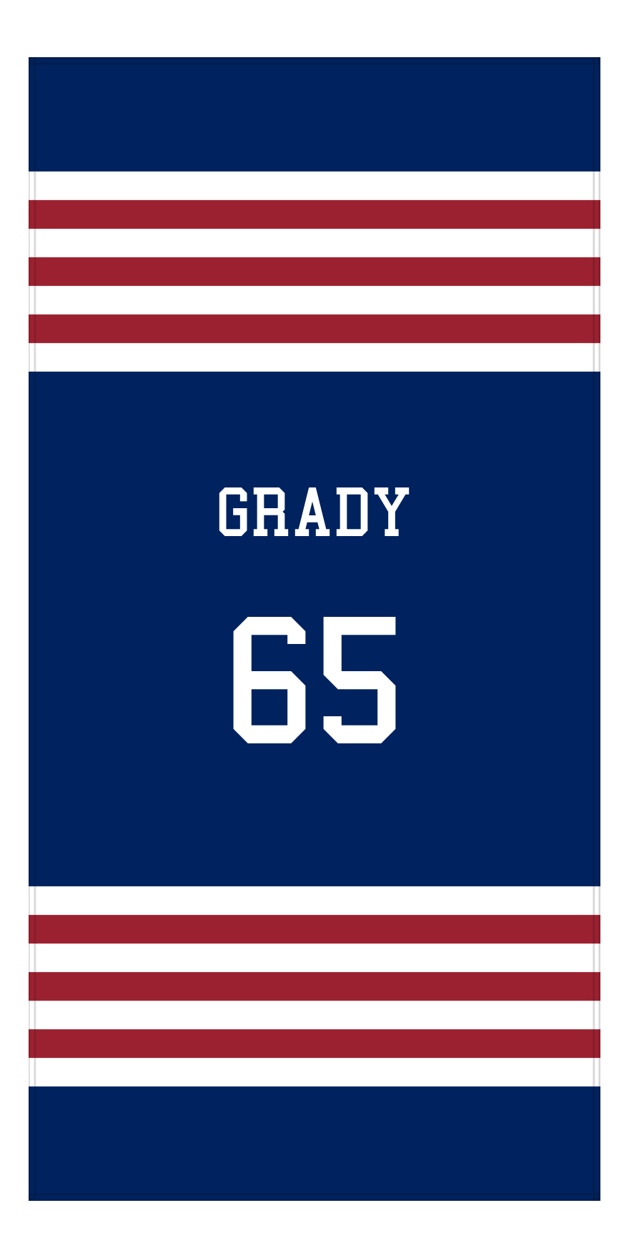Personalized Jersey Number 3-on-1 Stripes Sports Beach Towel - Blue and Red - Vertical Design - Front View