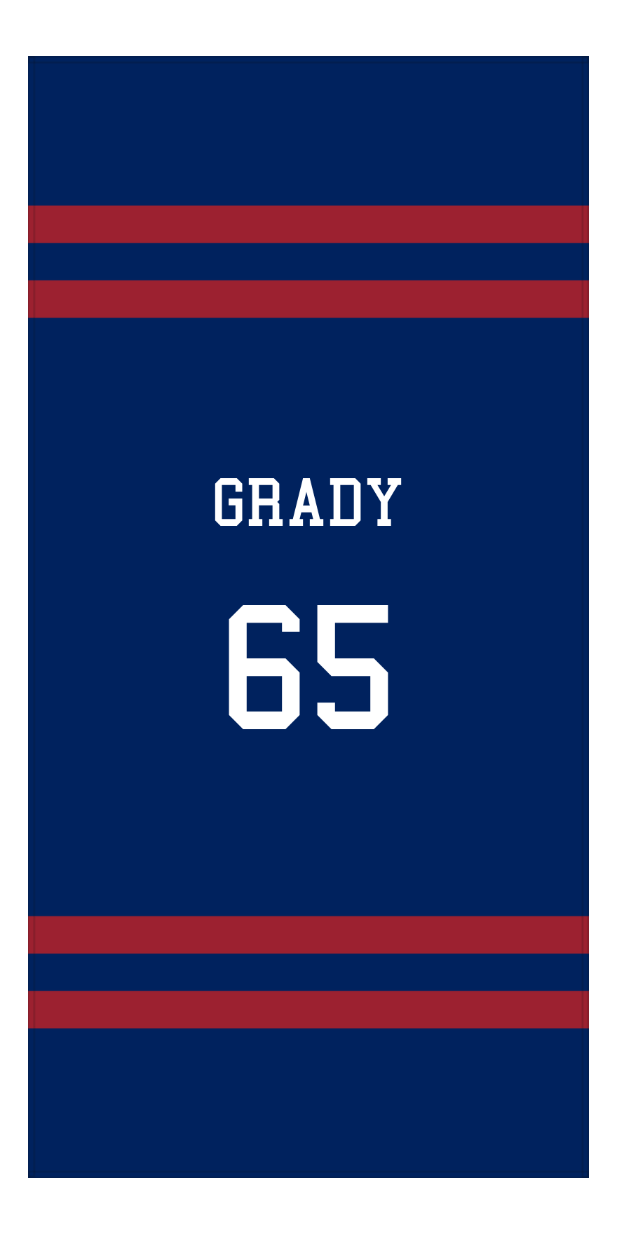 Personalized Jersey Number 2-on-none Stripes Sports Beach Towel - Blue and Red - Vertical Design - Front View