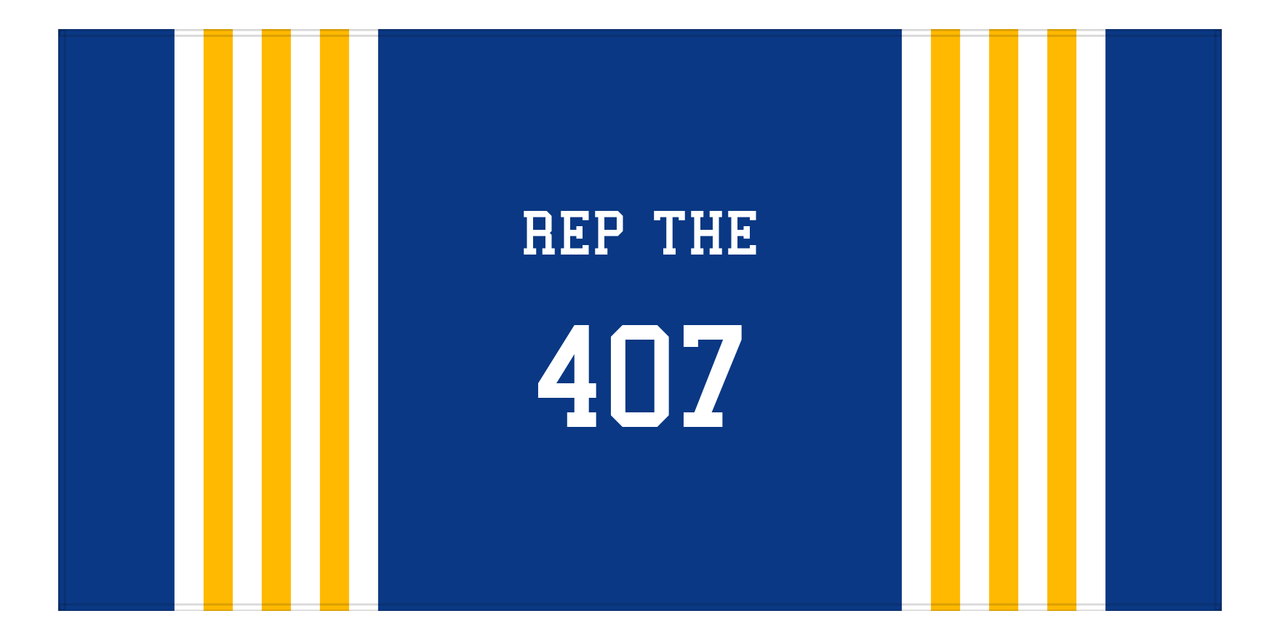 Personalized Jersey Number 3-on-1 Stripes Sports Beach Towel - Blue and Gold - Horizontal Design - Front View