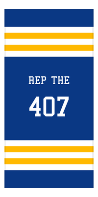 Thumbnail for Personalized Jersey Number 2-on-1 Stripes Sports Beach Towel - Blue and Gold - Vertical Design - Front View