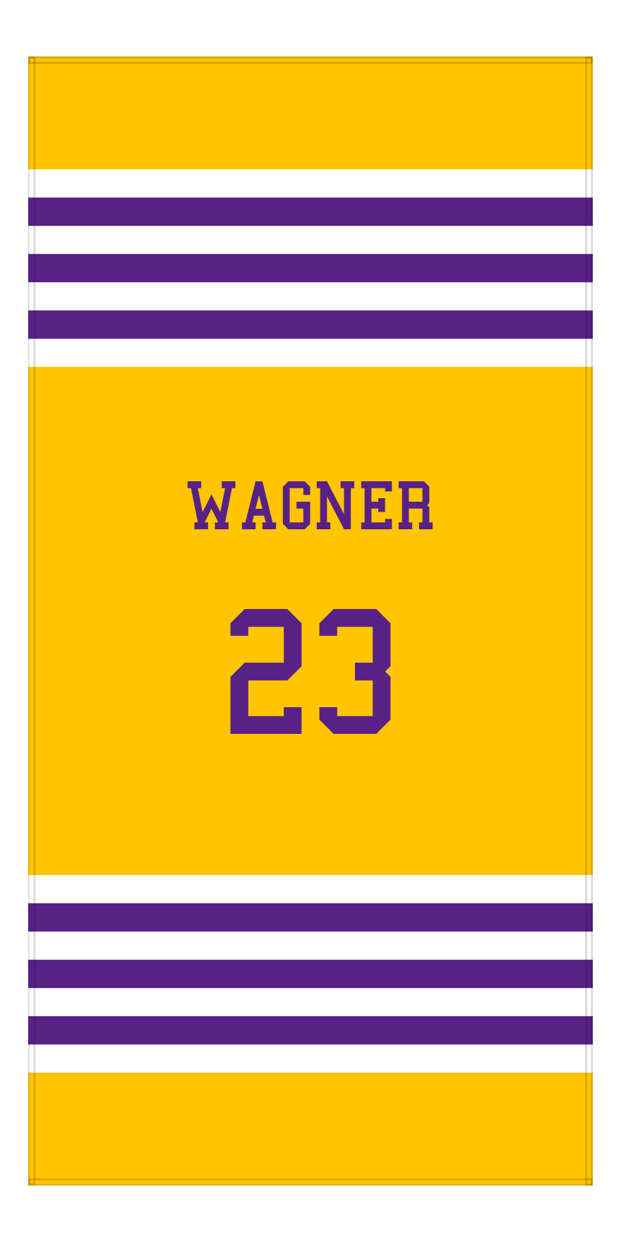 Personalized Jersey Number 3-on-1 Stripes Sports Beach Towel - Gold and Purple - Vertical Design - Front View