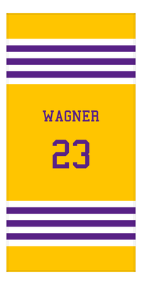 Thumbnail for Personalized Jersey Number 3-on-1 Stripes Sports Beach Towel - Gold and Purple - Vertical Design - Front View