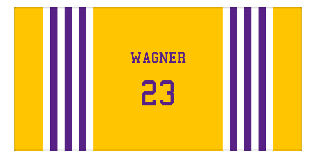Personalized Jersey Number 3-on-1 Stripes Sports Beach Towel - Gold and Purple - Horizontal Design - Front View