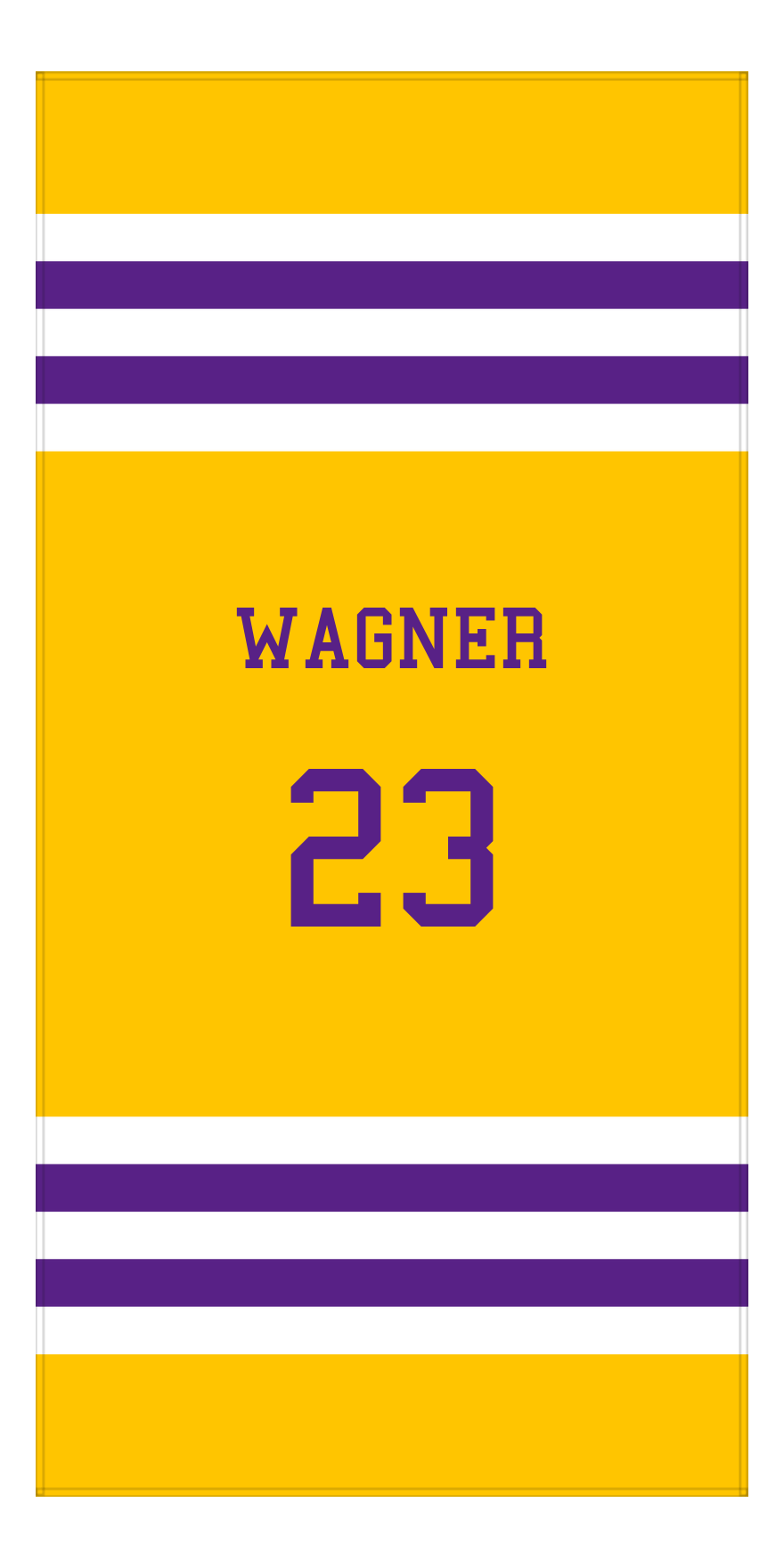 Personalized Jersey Number 2-on-1 Stripes Sports Beach Towel - Gold and Purple - Vertical Design - Front View