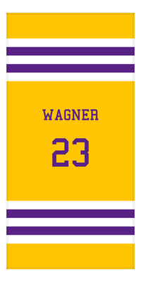 Thumbnail for Personalized Jersey Number 2-on-1 Stripes Sports Beach Towel - Gold and Purple - Vertical Design - Front View