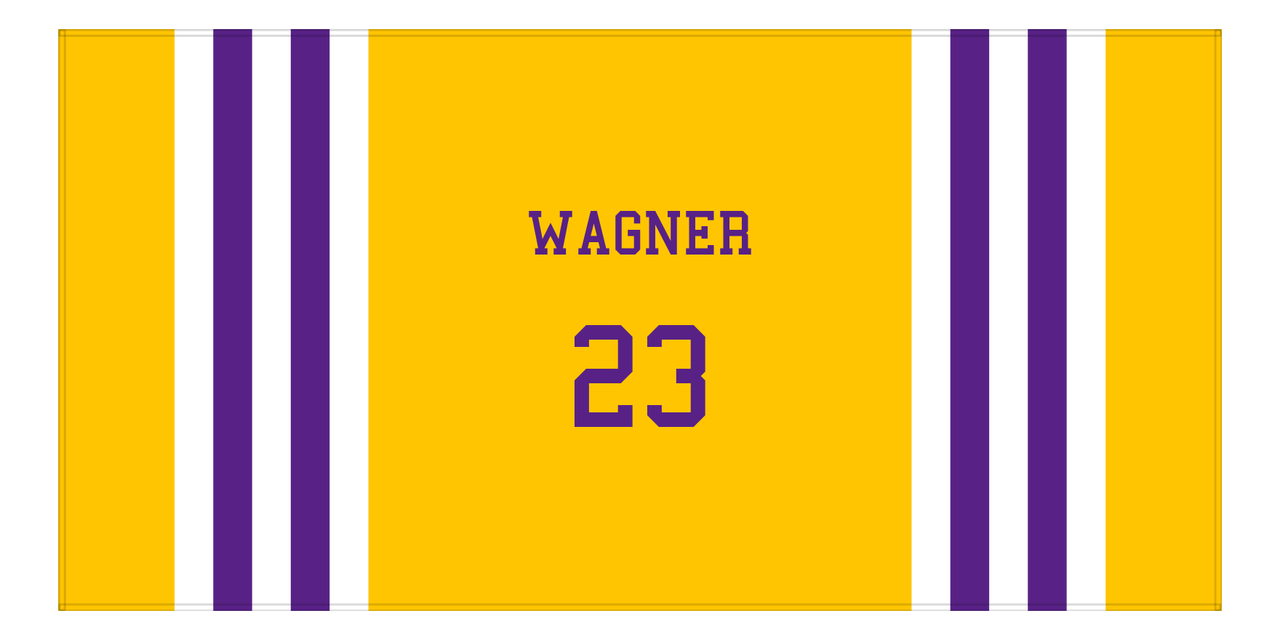 Personalized Jersey Number 2-on-1 Stripes Sports Beach Towel - Gold and Purple - Horizontal Design - Front View