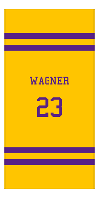 Thumbnail for Personalized Jersey Number 2-on-none Stripes Sports Beach Towel - Gold and Purple - Vertical Design - Front View