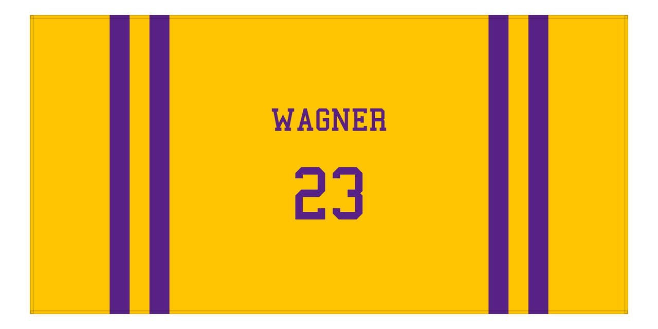 Personalized Jersey Number 2-on-none Stripes Sports Beach Towel - Gold and Purple - Horizontal Design - Front View
