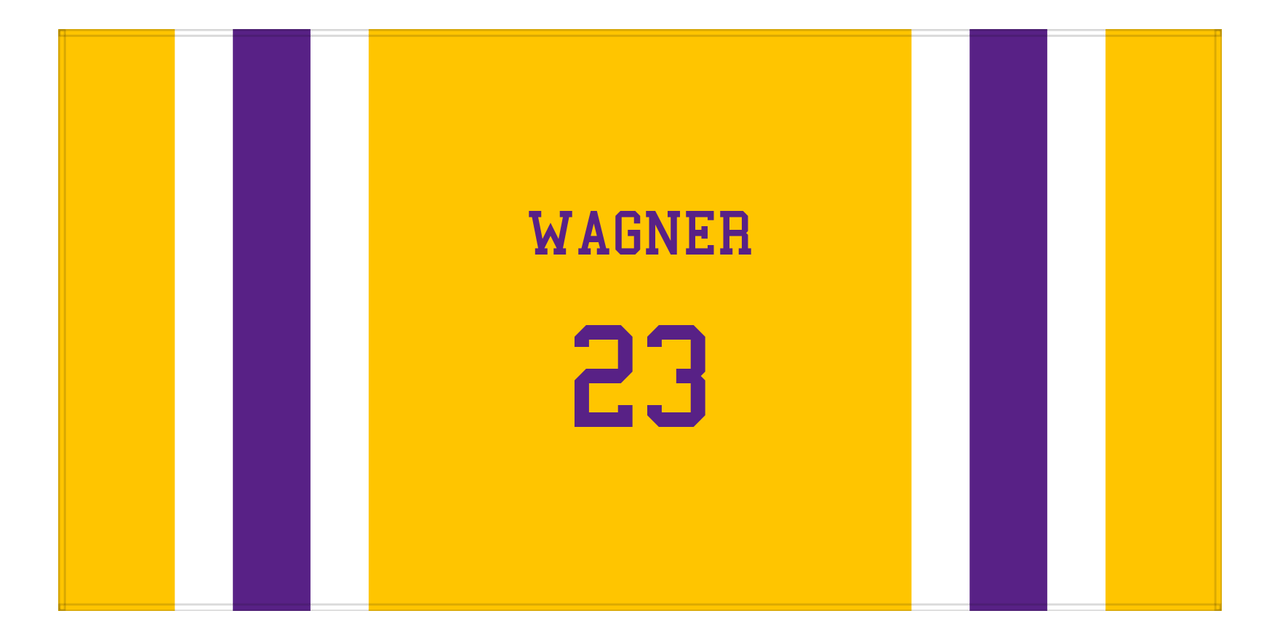 Personalized Jersey Number 1-on-1 Stripes Sports Beach Towel - Gold and Purple - Horizontal Design - Front View