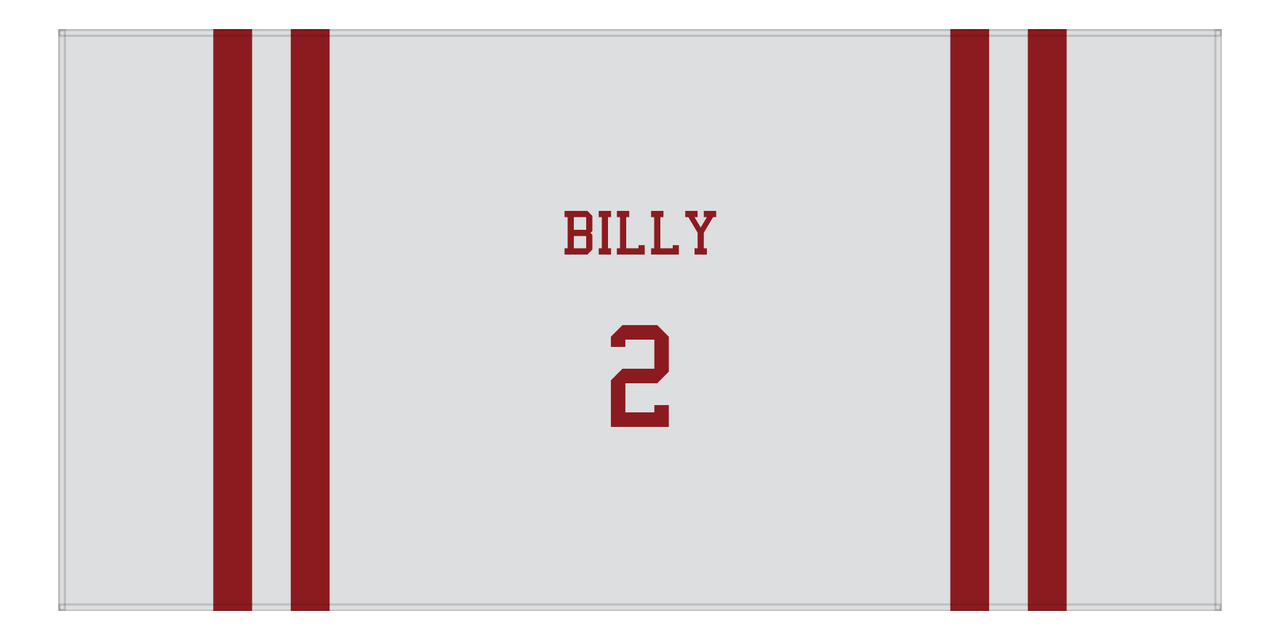Personalized Jersey Number 2-on-none Stripes Sports Beach Towel - Grey and Maroon - Horizontal Design - Front View