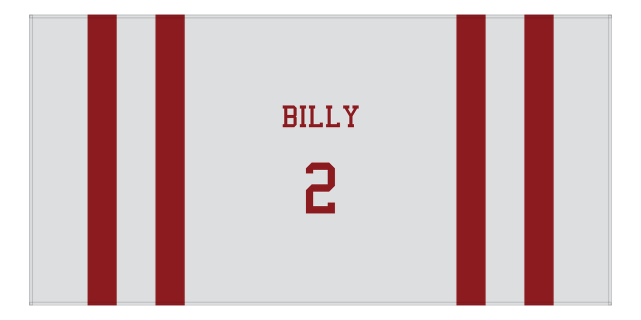 Personalized Jersey Number 1-on-1 Stripes Sports Beach Towel - Grey and Maroon - Horizontal Design - Front View
