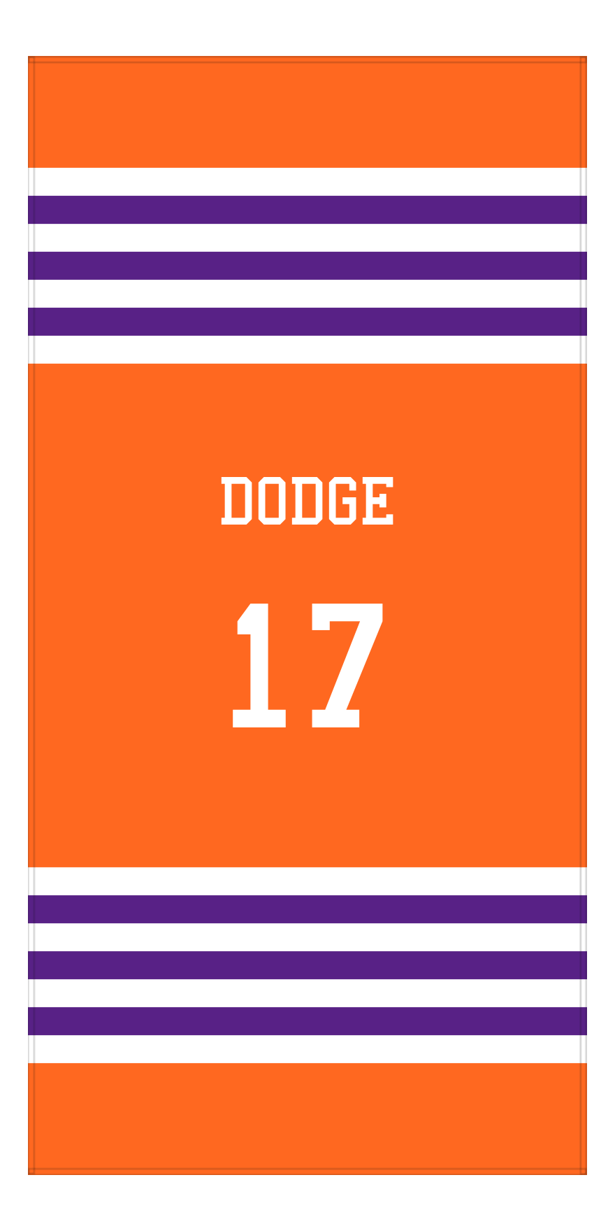 Personalized Jersey Number 3-on-1 Stripes Sports Beach Towel - Orange and Purple - Vertical Design - Front View