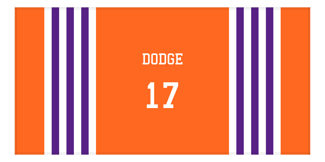 Personalized Jersey Number 3-on-1 Stripes Sports Beach Towel - Orange and Purple - Horizontal Design - Front View