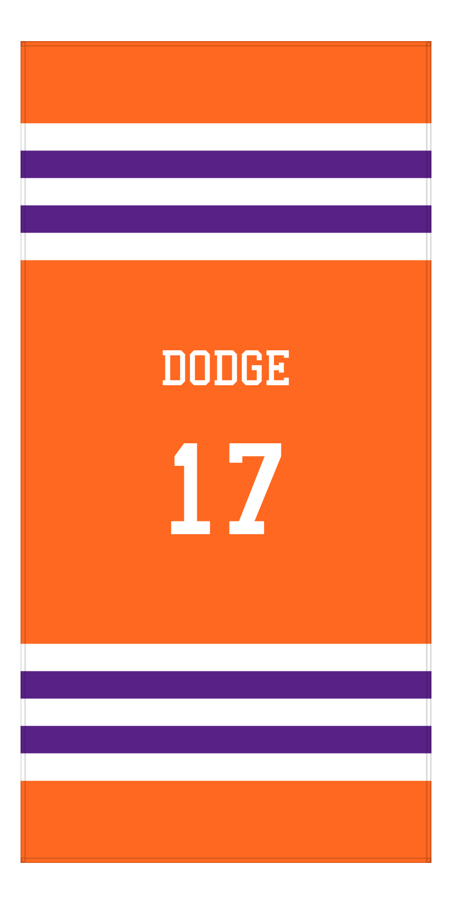 Personalized Jersey Number 2-on-1 Stripes Sports Beach Towel - Orange and Purple - Vertical Design - Front View