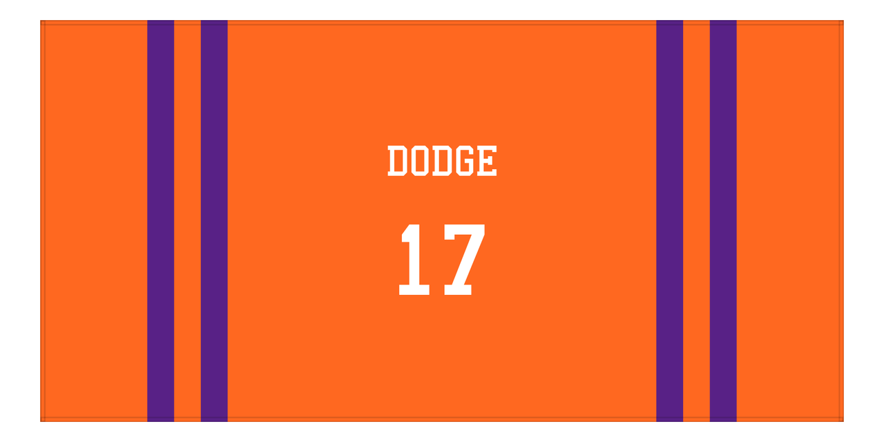 Personalized Jersey Number 2-on-none Stripes Sports Beach Towel - Orange and Purple - Horizontal Design - Front View
