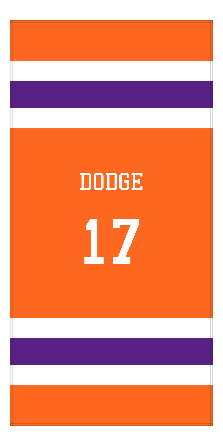 Personalized Jersey Number 1-on-1 Stripes Sports Beach Towel - Orange and Purple - Vertical Design - Front View