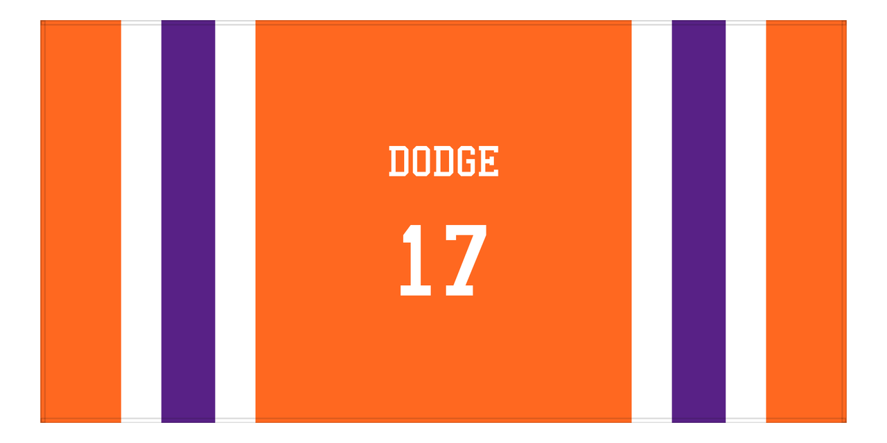 Personalized Jersey Number 1-on-1 Stripes Sports Beach Towel - Orange and Purple - Horizontal Design - Front View