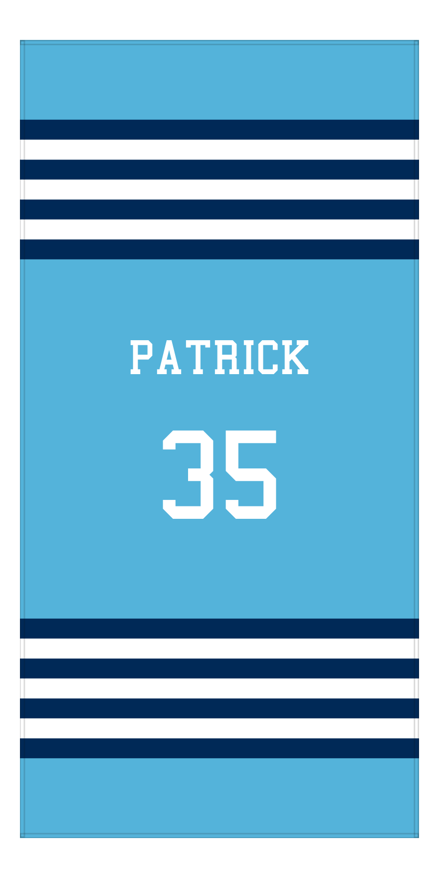 Personalized Jersey Number 3-on-1 Stripes Sports Beach Towel - Light Blue and Navy - Vertical Design - Front View