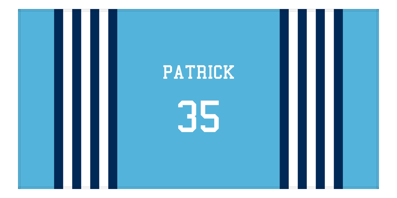 Personalized Jersey Number 3-on-1 Stripes Sports Beach Towel - Light Blue and Navy - Horizontal Design - Front View