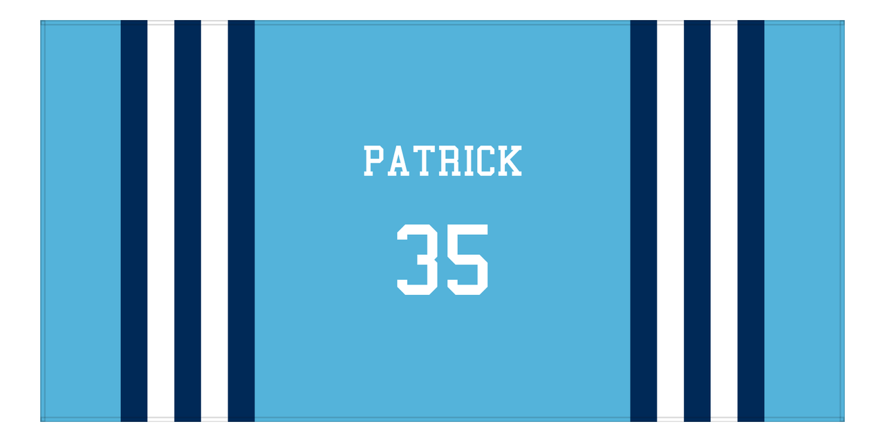 Personalized Jersey Number 2-on-1 Stripes Sports Beach Towel - Light Blue and Navy - Horizontal Design - Front View