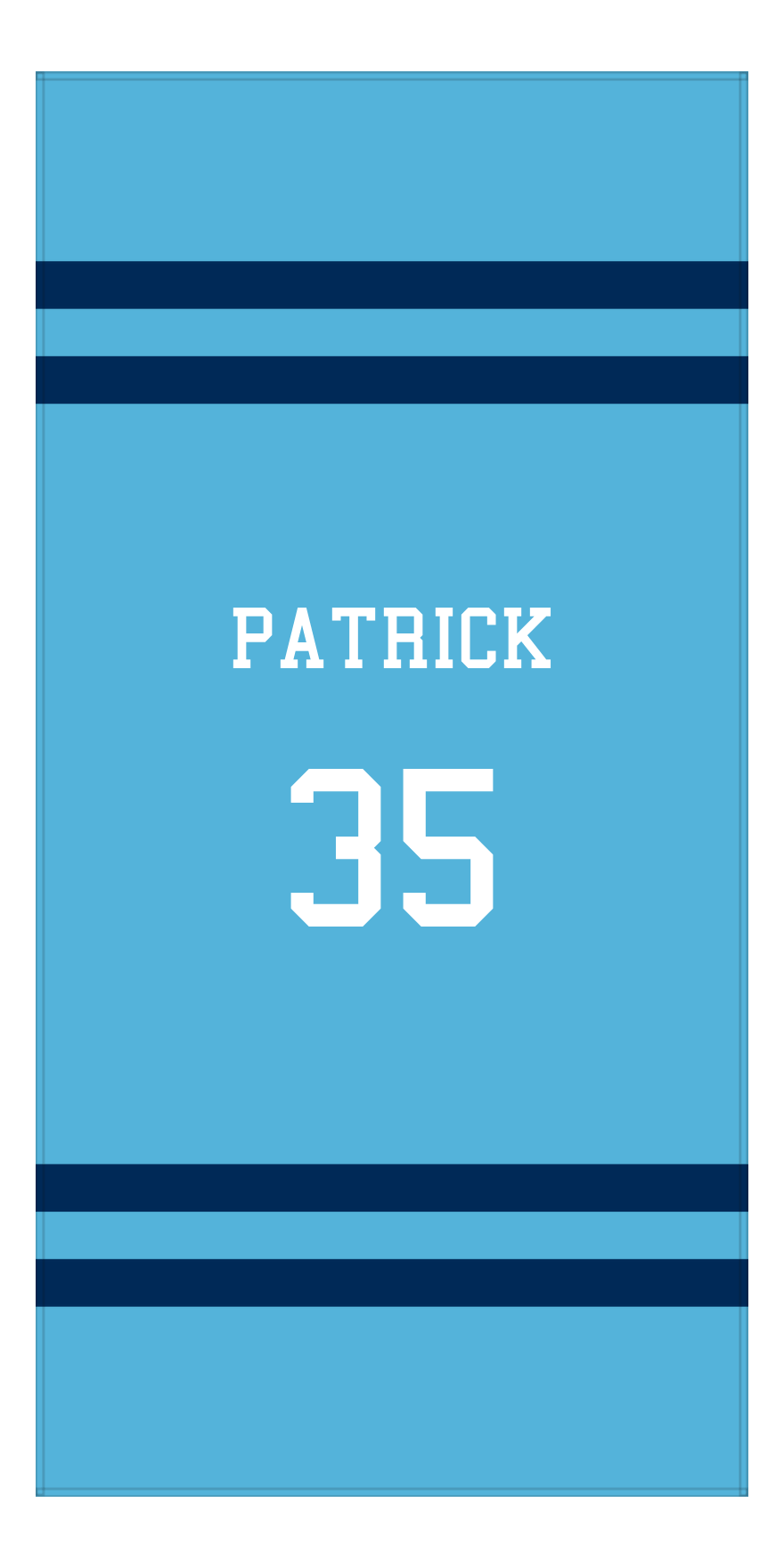 Personalized Jersey Number 2-on-none Stripes Sports Beach Towel - Light Blue and Navy - Vertical Design - Front View