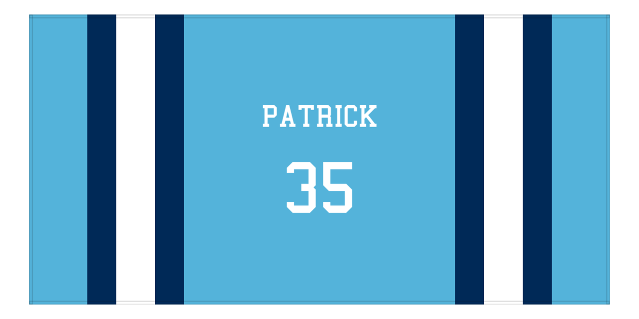 Personalized Jersey Number 1-on-1 Stripes Sports Beach Towel - Light Blue and Navy - Horizontal Design - Front View