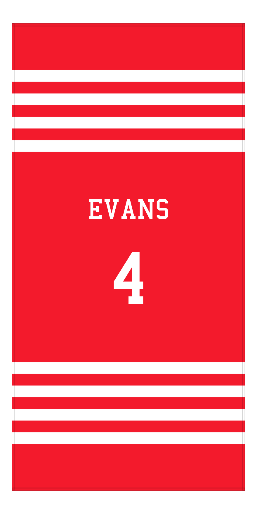 Personalized Jersey Number 3-on-1 Stripes Sports Beach Towel - Red and White - Vertical Design - Front View