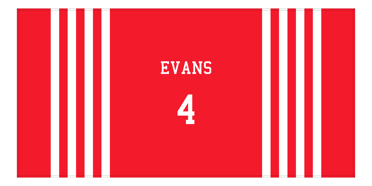 Personalized Jersey Number 3-on-1 Stripes Sports Beach Towel - Red and White - Horizontal Design - Front View